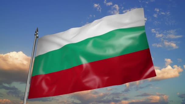 Flag Bulgaria Metal Flagpole Flutters Wind Animation Background Sky Clouds — Stockvideo