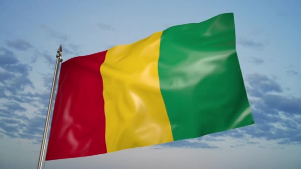 Flag Guinea Metal Flagpole Flutters Wind Animation Background Sky Clouds — Vídeos de Stock