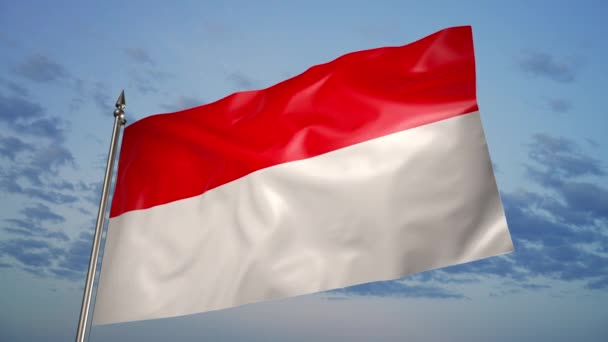 Flag Indonesia Metal Flagpole Flutters Wind Animation Background Sky Clouds — Video Stock