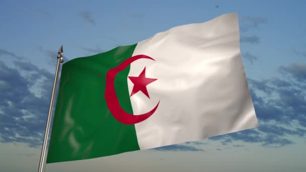 Flag Algeria Metal Flagpole Flutters Wind Animation Background Sky Clouds — Vídeos de Stock