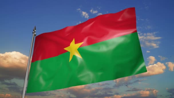 Flag Burkina Faso Flutters Wind Metal Flagpole Animation Background Sky — Stockvideo