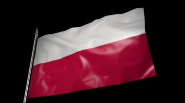 The flag of Poland on a metal flagpole flutters in the wind. 3D animation with alpha channel