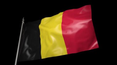 The flag of Belgium on a metal flagpole flutters in the wind. 3D animation with alpha channel