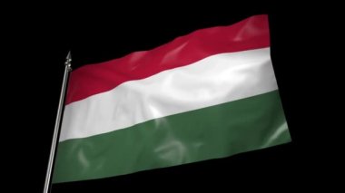 The flag of Hungary on a metal flagpole flutters in the wind. 3D animation with alpha channel