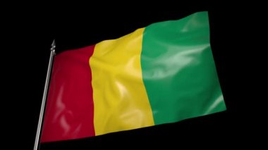 The flag of Guinea on a metal flagpole flutters in the wind. 3D animation with alpha channel