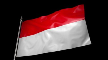 The flag of Indonesia on a metal flagpole flutters in the wind. 3D animation with alpha channel