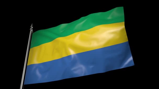 Flag Gabon Metal Flagpole Flutters Wind Animation Alpha Channel — ストック動画