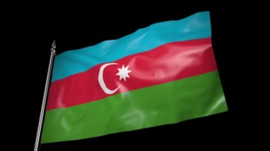 The flag of Azerbaijan on a metal flagpole flutters in the wind. 3D animation with alpha channel