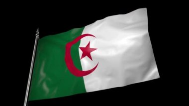 The flag of Algeria on a metal flagpole flutters in the wind. 3D animation with alpha channel