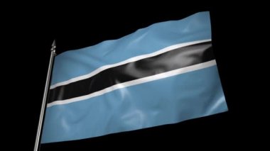The flag of Botswana on a metal flagpole flutters in the wind. 3D animation with alpha channel