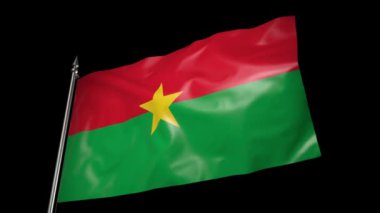 The flag of Burkina Faso flutters in the wind on a metal flagpole. 3D animation with alpha channel