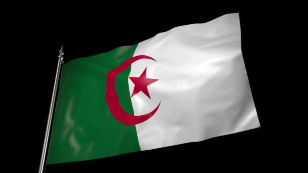 Flag Algeria Metal Flagpole Flutters Wind Animation Alpha Channel — Αρχείο Βίντεο