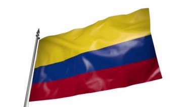 Metal bir bayrak direğinde dalgalanan Kolombiya bayrağı. Beyaz arkaplanda 3D canlandırma