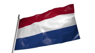 Hollanda bayrağı rüzgarda dalgalanan metal bir bayrak direğinde dalgalanıyor. Beyaz arkaplanda 3D canlandırma