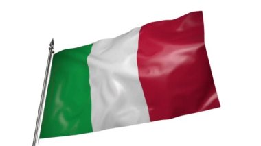 The flag of Italy on a metal flagpole flutters in the wind. Animation 3D on a white background