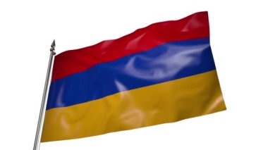 Metal bir bayrak direğindeki Ermenistan bayrağı rüzgarda dalgalanıyor. Beyaz arkaplanda 3D canlandırma