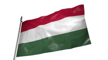 Metal bir bayrak direğinin üzerindeki Macaristan bayrağı rüzgarda dalgalanıyor. Beyaz arkaplanda 3D canlandırma