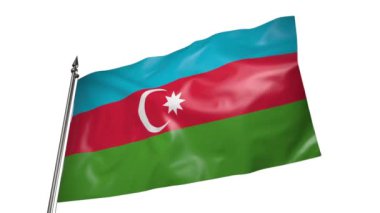 Metal bir bayrak direğinin üzerindeki Azerbaycan bayrağı rüzgarda dalgalanıyor. Beyaz arkaplanda 3D canlandırma