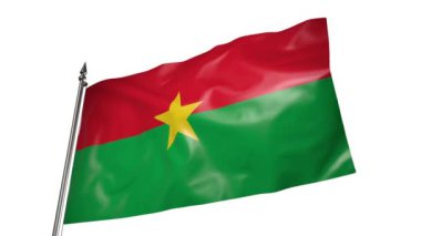 Burkina Faso bayrağı, metal bir bayrak direğinde rüzgarda dalgalanıyor. Beyaz arkaplanda 3D canlandırma