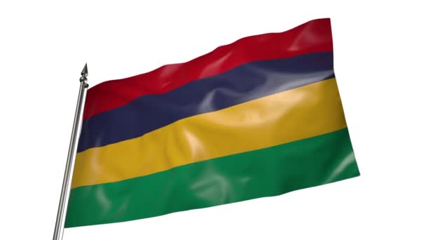 Flag Mauritius Metal Flagpole Flutters Wind Animation White Background — Stock Video