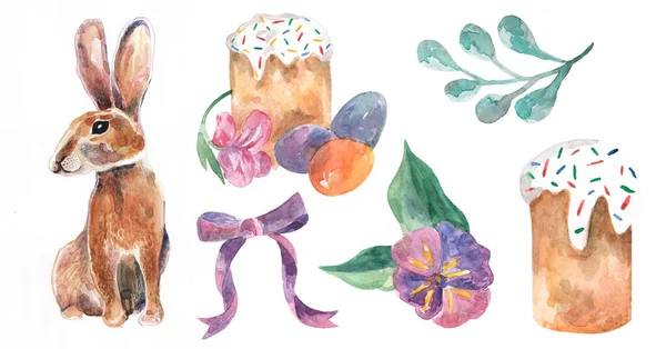 Пасхальний набір акварельних ілюстрацій з тортами та кроликом, яєчним бантом та стрічкою — стокове фото