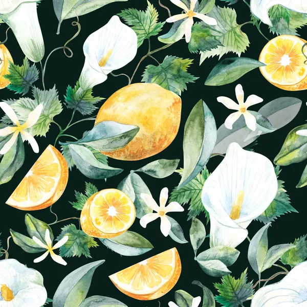 Лимонные лилии лилии виноград акварель бесшовный узор на бежевом фоне — стоковое фото