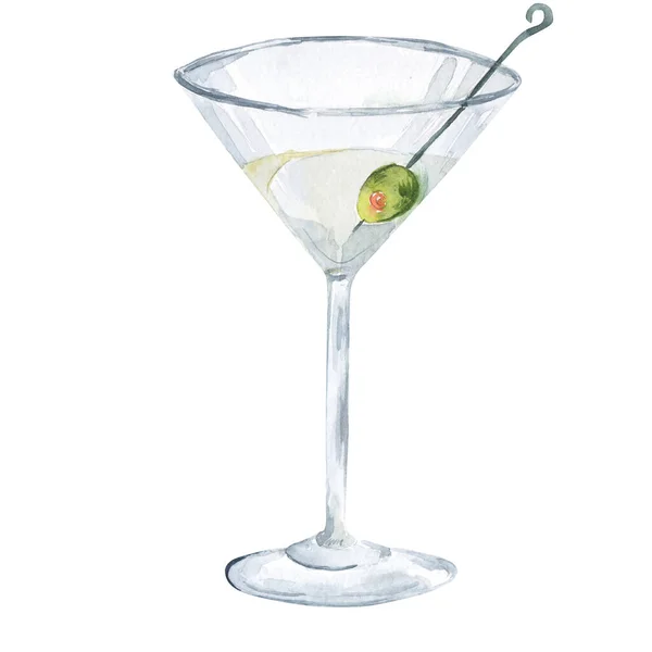 Kézzel rajzolt akvarell illusztráció. Martini a pohárban zöld olajbogyóval. Izolált alkoholos rajz — Stock Fotó