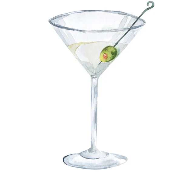Намальована вручну акварель. Мартіні в склянці з зеленими оливками. Ізольований малюнок алкоголю Стокова Картинка