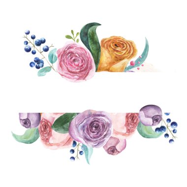 Soyut, dikişsiz, çiçekli, şakayıklı ve mavi böğürtlenli sınır çerçevesi.