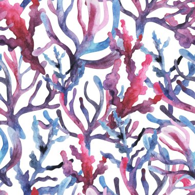 Eflatun mavisi ve pembe mercan yosunlu kusursuz desen tekstil için soyut algler. Yaratıcı tasarım. El çizimi suluboya