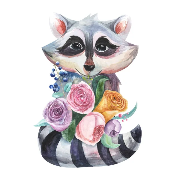 Bonito e bonito racoon segurando flores mascote personagem. Belo berçário de animais. Rosas, peónias, bagas. Ilustração desenhada à mão aquarela — Fotografia de Stock