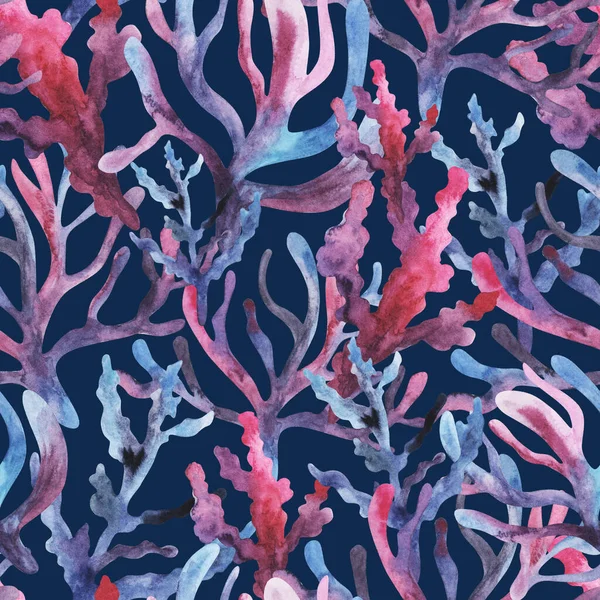 Bezešvý vzor s fialovou modří a růžovými korály, abstraktní řasy pro textil. Kreativní design. Ručně kreslená akvarel — Stock fotografie
