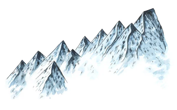 High peak mountains watercolor illustrration blue on white — Stock Photo, Image