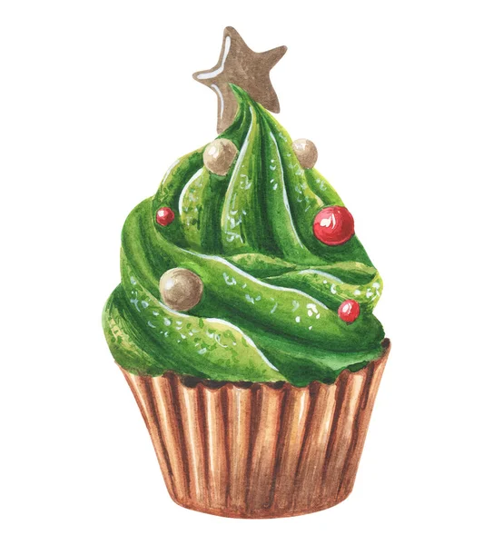 Délicieux muffin vert, cupcake avec boule rouge étoile de bronze — Photo