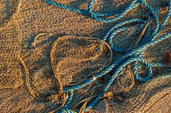 Mavi iskele ipi. Bağlama halatı. Gemileri ve kargoyu bağlamak için halat. Deniz ağı yerde. Balık ağı — Stok fotoğraf