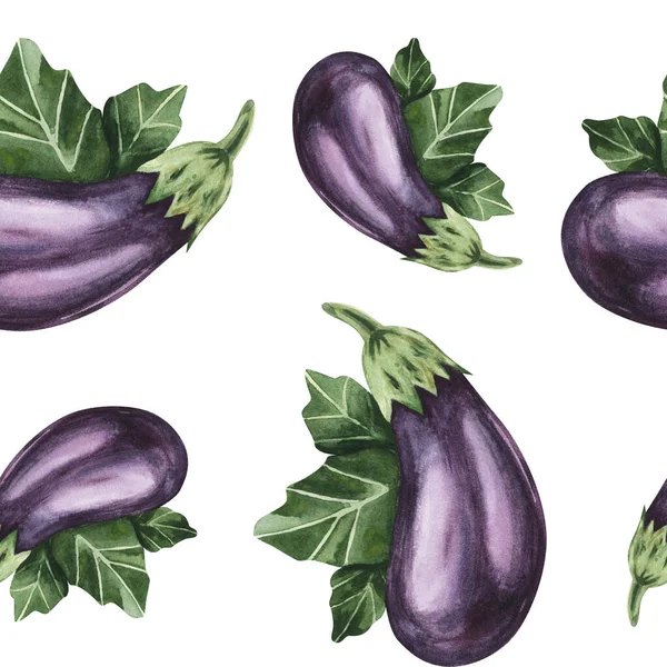 Баклажани акварельні ілюстрації фіолетові з зеленим листям ручної ілюстрації безшовний візерунок для текстилю, паперу — стокове фото
