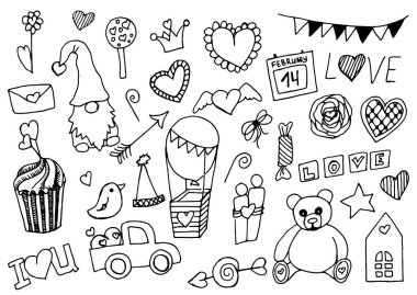 VAlentines Day el çizimi. Kalpler, aşk, 14 Şubat sevimli çizimler.