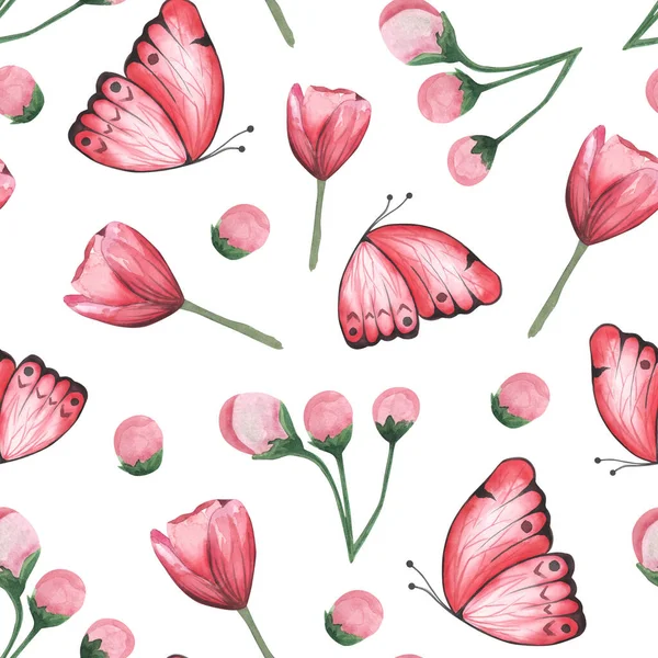 Абстрактные акварельные цветы бесшовный узор. Цветочная иллюстрация розовых красных бутонов и листьев. Рисунок — стоковое фото