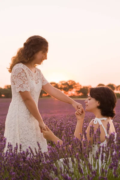 Saamhorigheid Vrouwen Trots Huwelijk Zomer Lavendel Bloemenveld Tijdens Zonsopgang Brihuega — Stockfoto