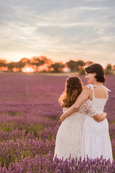 Saamhorigheid Vrouwen Trots Huwelijk Zomer Lavendel Bloemenveld Tijdens Zonsopgang Brihuega — Stockfoto