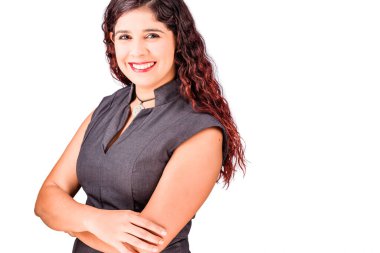 worker professional hispanic woman in white background with copy space. looking at camera. corporate face portrait. entrepreneur