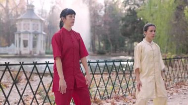 health woman exercise kung-fu, wushu outdoors in garden. healthy taiji energy moving for chi.