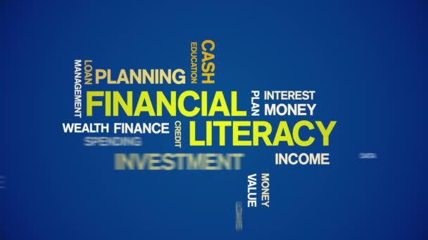 4k Financial Literacy Animado Tag Word Cloud, Animação de texto loop sem costura. — Vídeo de Stock