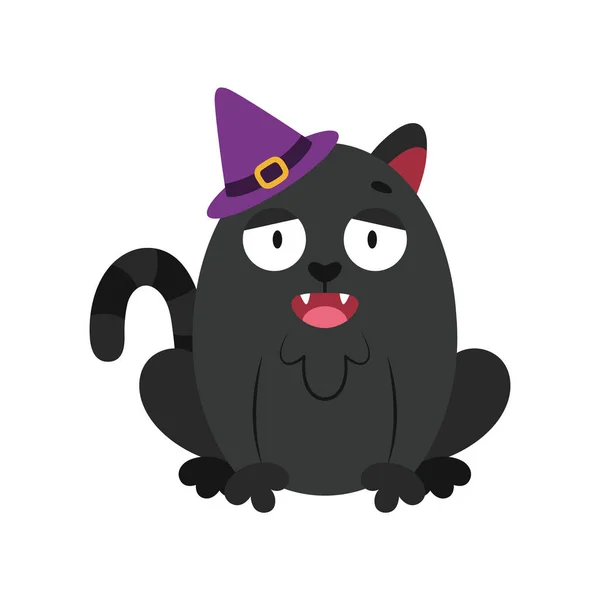 Czarny Kot Kapeluszu Wiedźmy Miauczy Zabawna Postać Halloween Maskotka Kreskówek — Wektor stockowy