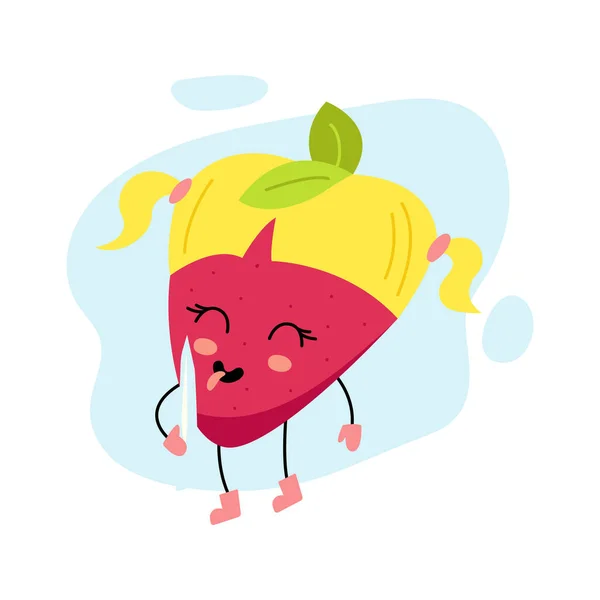 Kawaii Strawberry Character Funny Winter Mascot Eats Icicles Cute Happy — Stock Vector