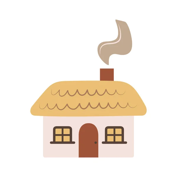 可爱的卡通村舍 小涂鸦房子 农村生活项目 撒尿的屋顶 冒烟的烟囱美丽的农民图标 儿童游戏 服装印刷品设计的简单平面图解 — 图库矢量图片