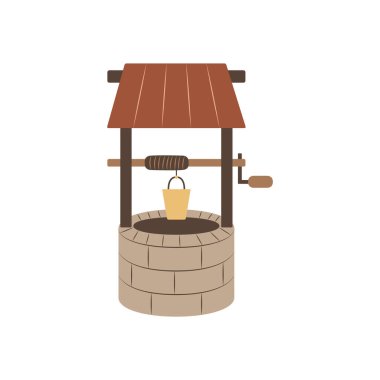 Güzel karikatür. İp üzerinde su kovası. Kırsal hayatın bir parçası. Basit düz simge. Çiftlik, çiftlik ya da köy elementleri. Eğitici çocuk oyunları ve kitapları için tırman. Tarım