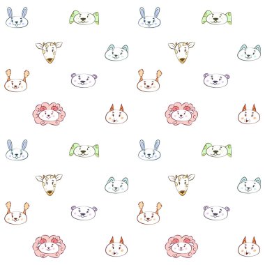 Farklı hayvanların yüzlerine sahip hoş, pürüzsüz bir desen. Kedi, köpek, koyun ve kuzunun çizgi film ağızlıkları. Ayı, tilki, tavşan ya da tavşan kafası. Sincap, zürafa ve ineğin komik yüzleri. Çocuk odası tasarımı.