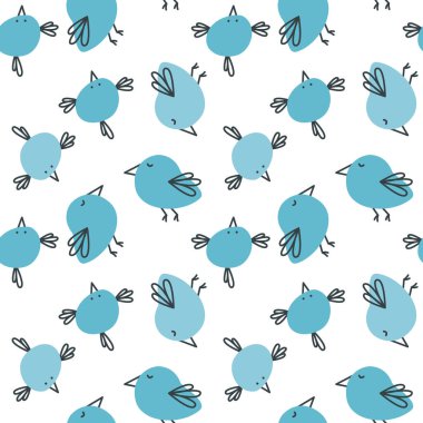 Komik karalama kuşları olan şirin, pürüzsüz bir desen. Tebrik kartları ve davetiyeler için bahar baskısı. Çocuk kıyafetleri, çocuk odası duvar kağıtları, okul malzemeleri için tasarım. Güzel arkaplan.