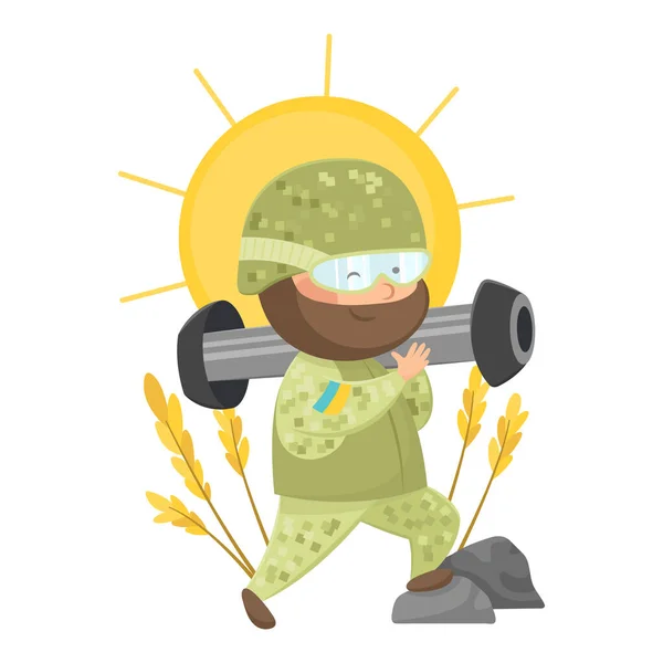 Ukrainian soldier with a portable anti-tank missile system. Defender of Ukraine and Warrior of Light. Form of the Armed Forces of Ukraine. National symbols. Weapon. The struggle for freedom.